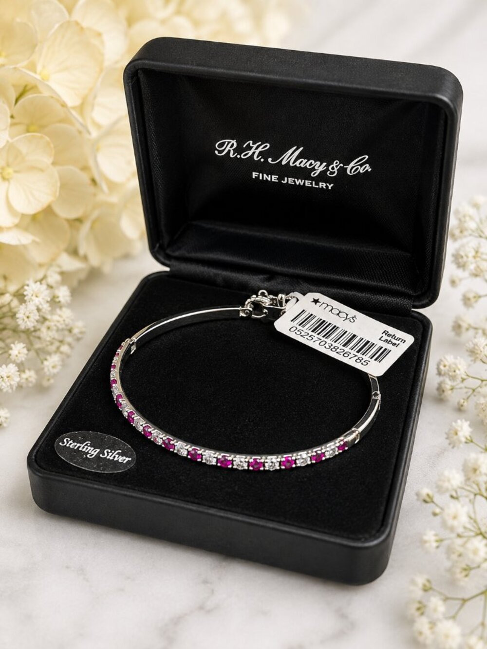 Macy's Sterling Silver Pink & Clear Lab-Created Gemstone Bangle Bracelet NWT